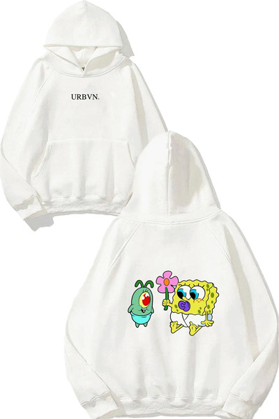 urbvn سويت شيرت أبيض كبير الحجم مطبوع عليه تصميم بلانكتون سبونج بوب