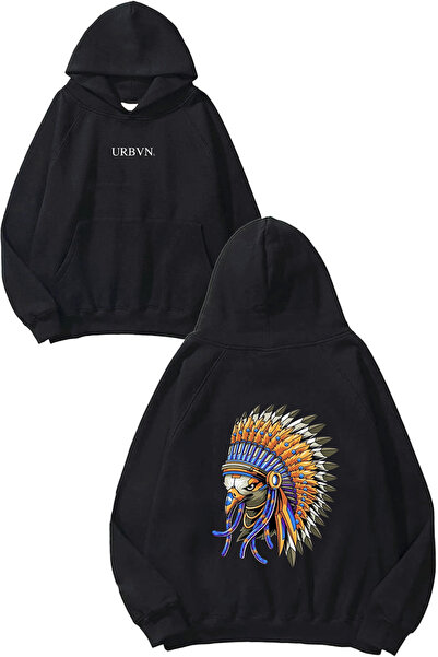 urbvn Şahin Design Printed Oversize Black Hooded Sweatshirt
