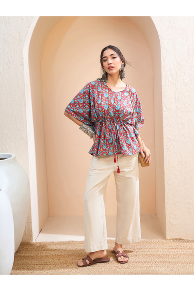 Sassafras By Styli Red Floral Kaftan Kurti