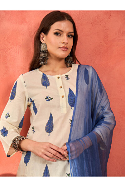 Sassafras By Styli White and Blue Floral Straight Kurta with Pencil Pants and Dupatta Set
