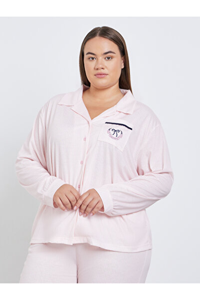 Styli Plus Bow Print Pocket Striped Shirt and Pyjama Set