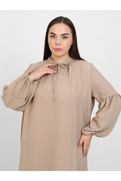 Alia By Styli Plus Brown Maxi Dress with Bishop Sleeves