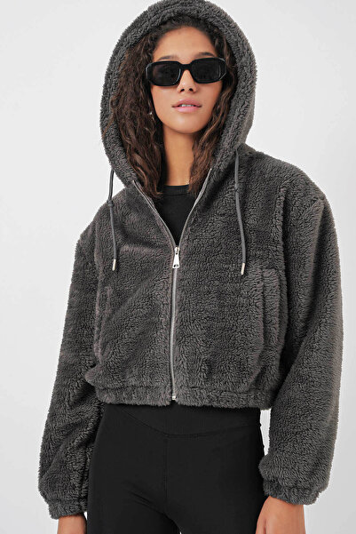 Bigdart Hooded Plush Crop Anthracite Women's Jacket 5193