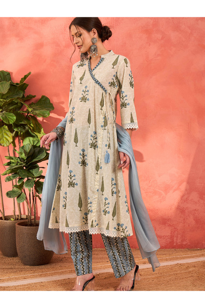 Sassafras By Styli White Floral Wrap Kurta with Pencil Pants and Dupatta Set