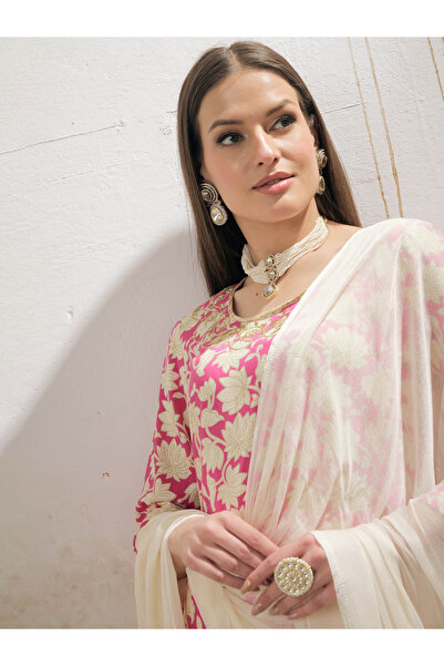 Sassafras By Styli Pink Floral Embroidered Kurta with Sharara Pants and Dupatta Set
