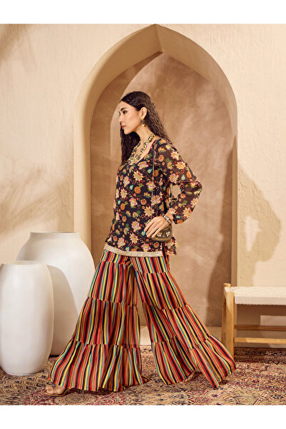 Sassafras By Styli Floral Print Kurta and Tiered Sharara Pants Set
