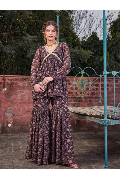 Sassafras By Styli Black Floral Print V-Neck Peplum Top with Sharara Pants Set