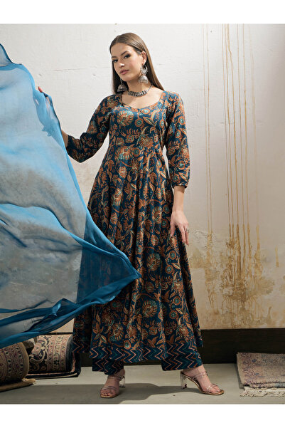 Sassafras By Styli Teal Floral Anarkali Kurta with Pencil Pant and Dupatta Set