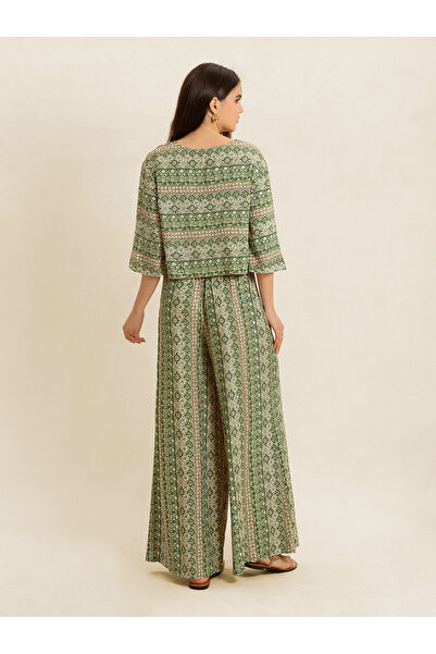 Take Two By Styli Women Printed Boxy Top and Wide Leg Pants Co-Ords