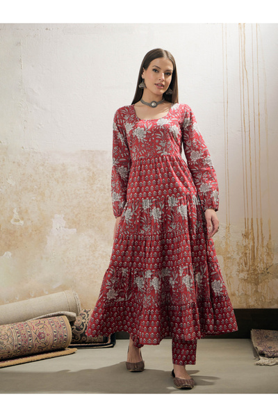 Sassafras By Styli Maroon and White Cambric Tiered Kurta with Pencil Pants Set