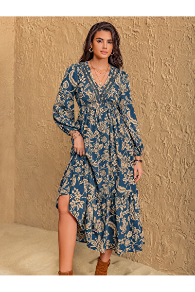 Styli Floral Midi Dress with Long Sleeves