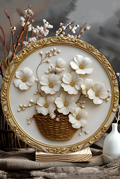 kutuTR Altın Detaylı Çiçek Sepetli UV Baskılı 3D GÜRÜNÜMLÜ MDF Duvar Süsü – 33x33 cm & 20x20 cm DT116