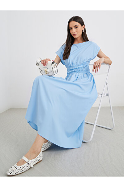 Styli فستان نسائي أزرق سادة بخصر مدخن متوسط ​​الطول