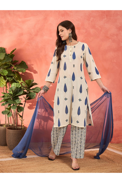 Sassafras By Styli White and Blue Floral Straight Kurta with Pencil Pants and Dupatta Set
