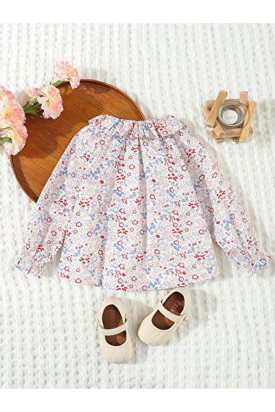 Take Two By Styli Girls Floral Print Cotton Top with Ruffle Collar