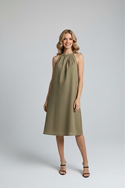 Defile Halter Yaka Dokuma Midi Elbise