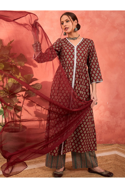 Sassafras By Styli Maroon Floral Front Slit Kurta with Pencil Pants and Dupatta Set