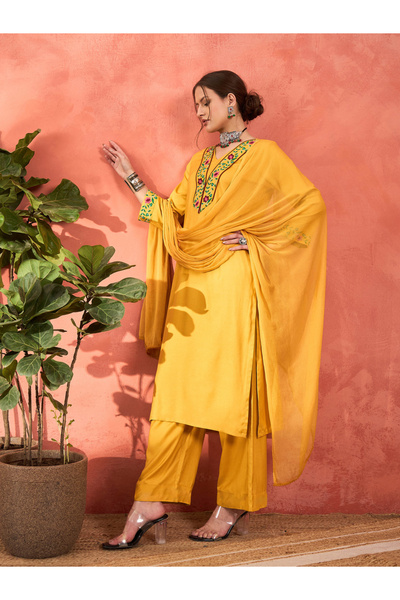 Sassafras By Styli Mustard Rayon Embroidered Kurta with Pencil Pants and Dupatta Set