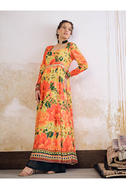 Sassafras By Styli Yellow Floral Poly Muslin Anarkali Kurta