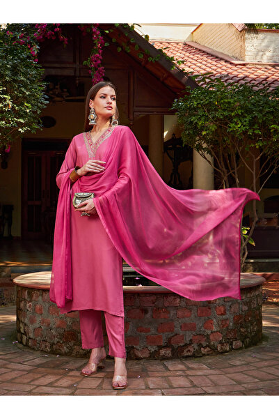 Sassafras By Styli Pink Rayon Embroidered Kurta with Pencil Pants and Dupatta Set