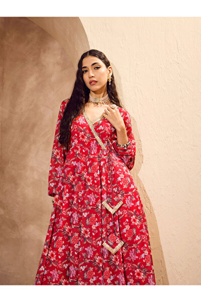 Sassafras By Styli Red Floral Wrap Anarkali Kurta and Palazzo Pants Set