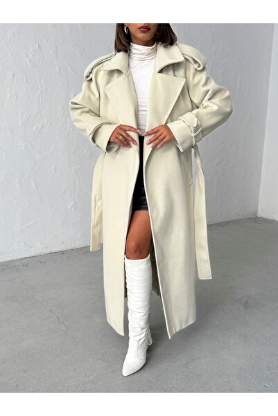 BEJNA Women's Cream Belted Long Cashmere Coat with Pockets