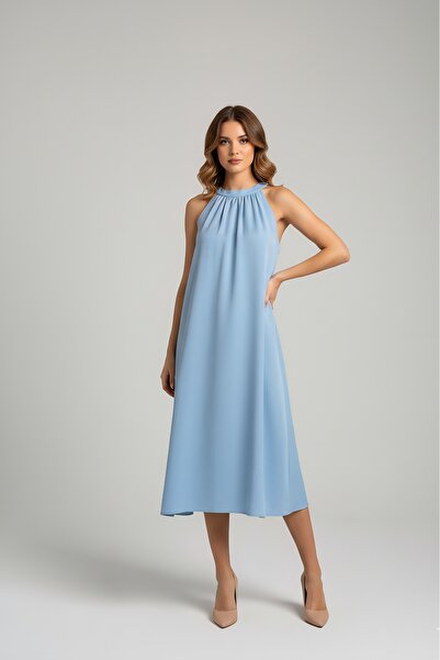 Defile Halter Yaka Dokuma Midi Elbise