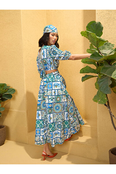 Sassafras By Styli Blue All Over Tile Print Back Cut Out Maxi Dress