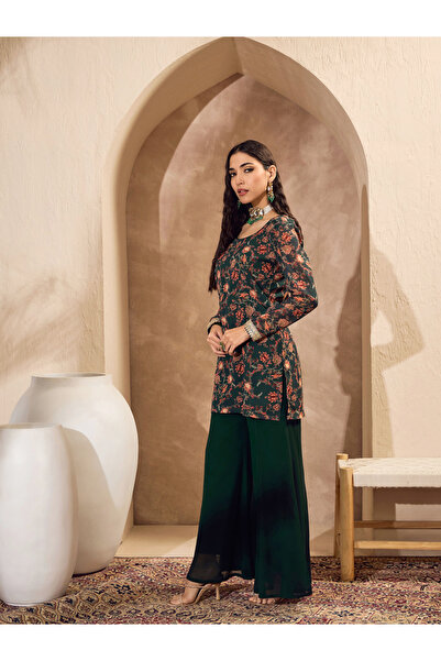 Sassafras By Styli Green Floral Print Kurta and Palazzo Pants Set