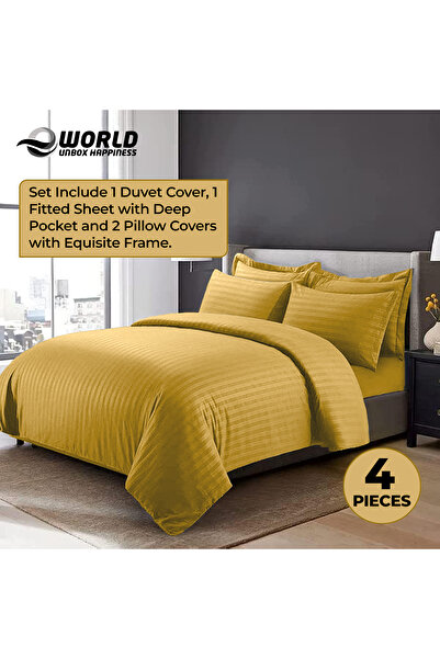 Eworld 4 Piece King Size White Striped Bedding Set – Microfiber Duvet Cover, Fitted Sheet & 2 Pillowcases