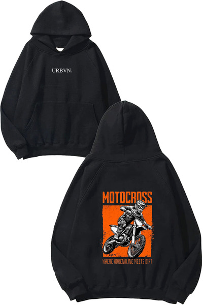 urbvn Motocross 1 Design Printed Oversize Black Hooded Sweatshirt