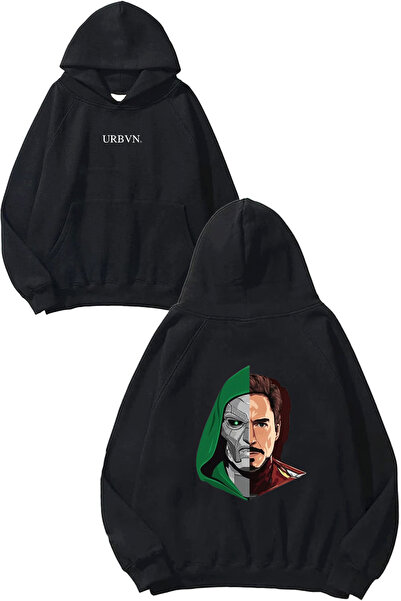 urbvn Iron Man Tasarım Baskılı Oversize Siyah Kapüşonlu Sweatshirt