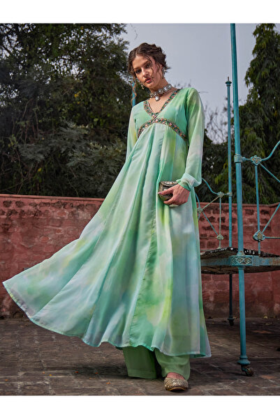 Sassafras By Styli Lime Green Tie-Dye V-Neck Anarkali Kurta