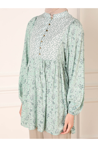 Refka By Styli Green Floral Print Balloon Sleeve Buttoned Tunic