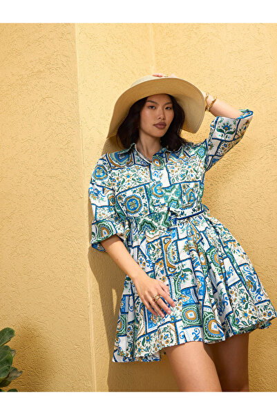 Sassafras By Styli Blue Tile Print Belted Shirt Mini Dress