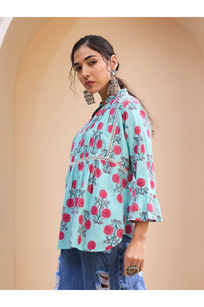 Sassafras By Styli Blue Floral Front Pintuck Kurti