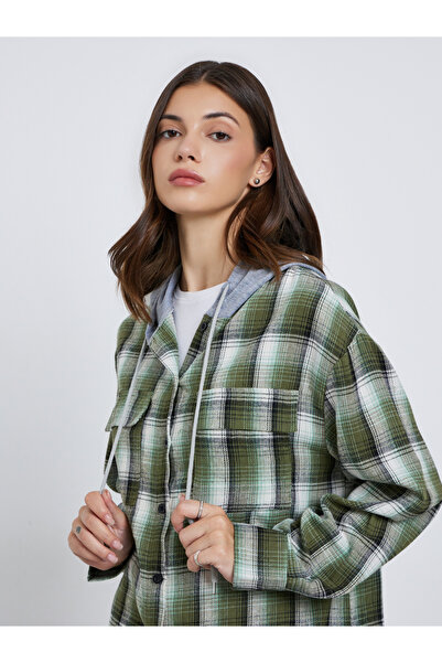 Take Two By Styli Women Green Checked Hooded Jacket