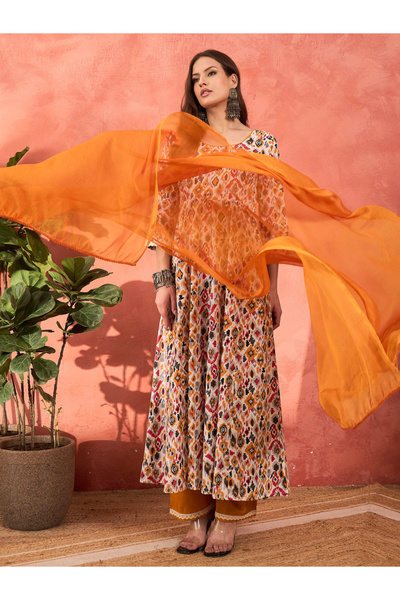 Sassafras By Styli White Printed Cambric Anarkali Kurta with Pencil Pants and Dupatta Set