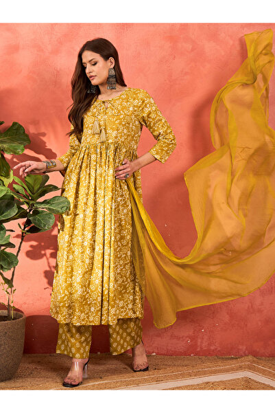 Sassafras By Styli Yellow Floral Front Dori Gathered Kurta with Pencil Pants and Dupatta Set