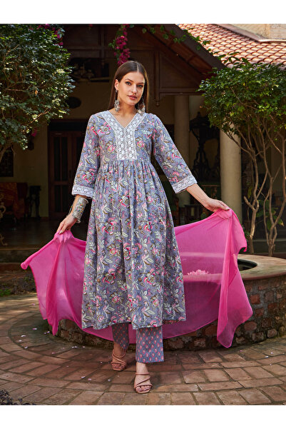 Sassafras By Styli Grey Floral Gathered Kurta with Pencil Pants and Dupatta Set