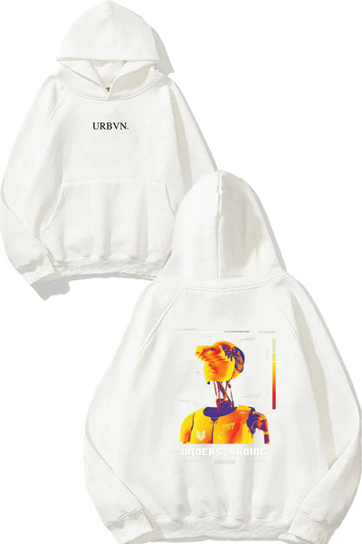 urbvn سترة بيضاء كبيرة الحجم بقلنسوة مطبوعة بتصميم فريد