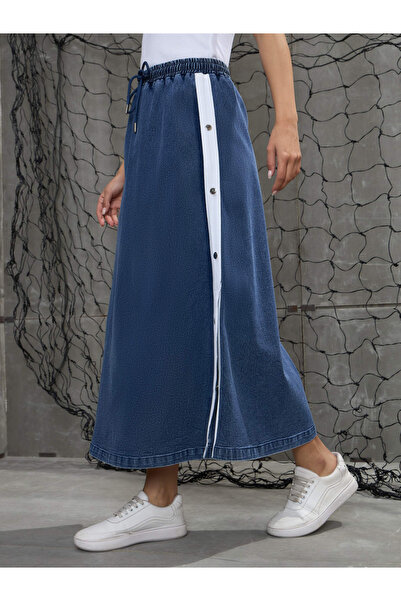 Sassafras By Styli Blue Contrast Tape Denim Maxi Skirt