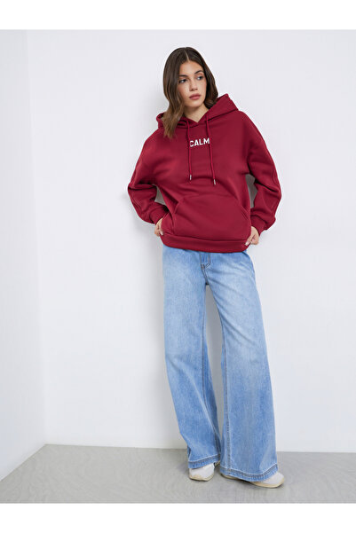 Take Two By Styli Maroon Slogan Print Relaxed Fit Hoodie