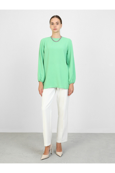 Refka By Styli Green Solid Round Neck Longline Blouse