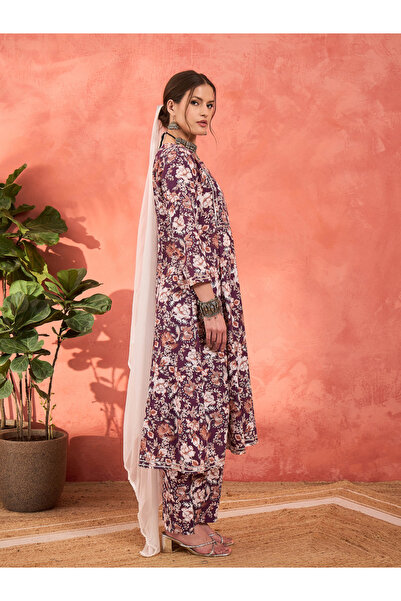 Sassafras By Styli Purple Floral Cambric Kurta with Pencil Pants and Dupatta Set