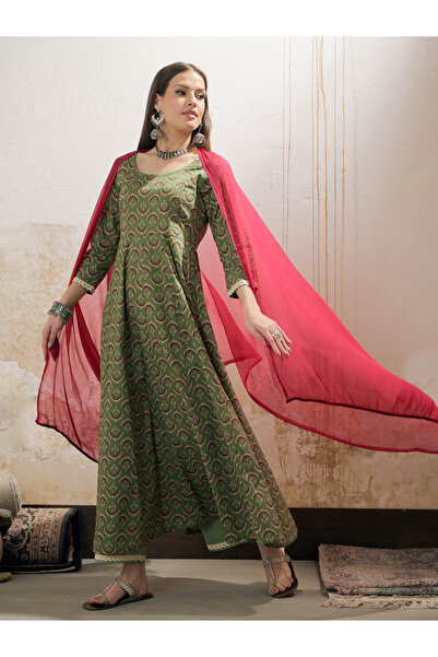 Sassafras By Styli Green Floral Print Anarkali Kurta with Pencil Pants and Dupatta Set