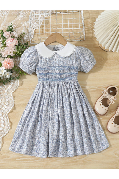 Styli Girls Blue Cotton Floral Peter Pan Collar Dress