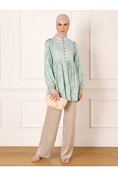 Refka By Styli Green Floral Print Balloon Sleeve Buttoned Tunic