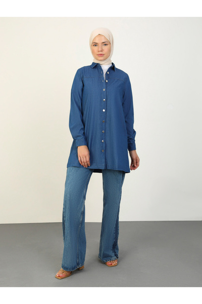 Refka By Styli Blue Denim Buttoned Spread Collar Tunic