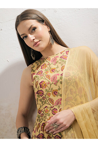 Sassafras By Styli Yellow Floral Sleeveless Kurta with Pencil Pants and Dupatta Set